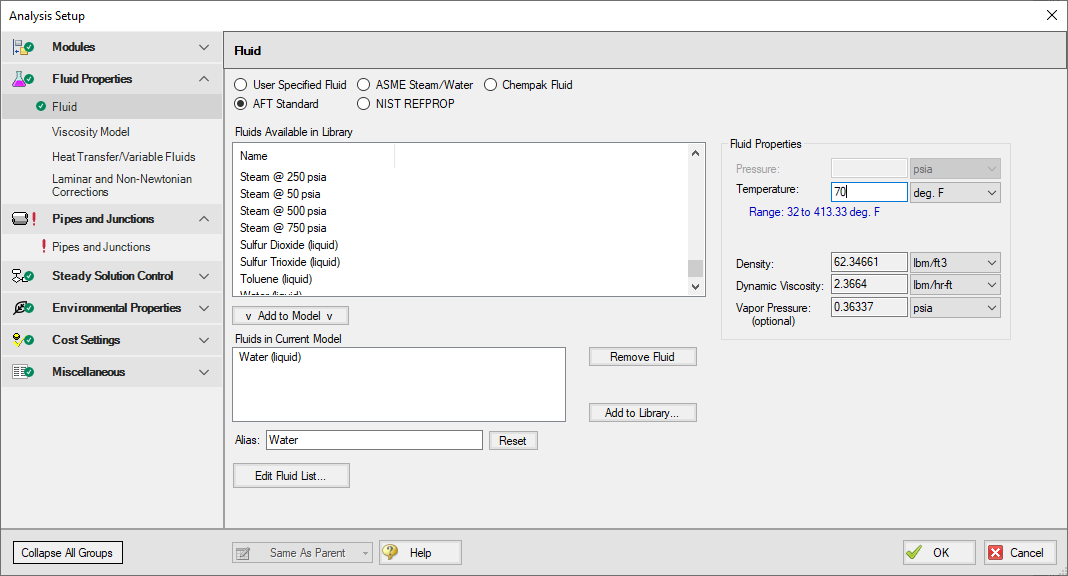 The Fluid Panel in Analysis Setup with AFT Standard fluid database selected.